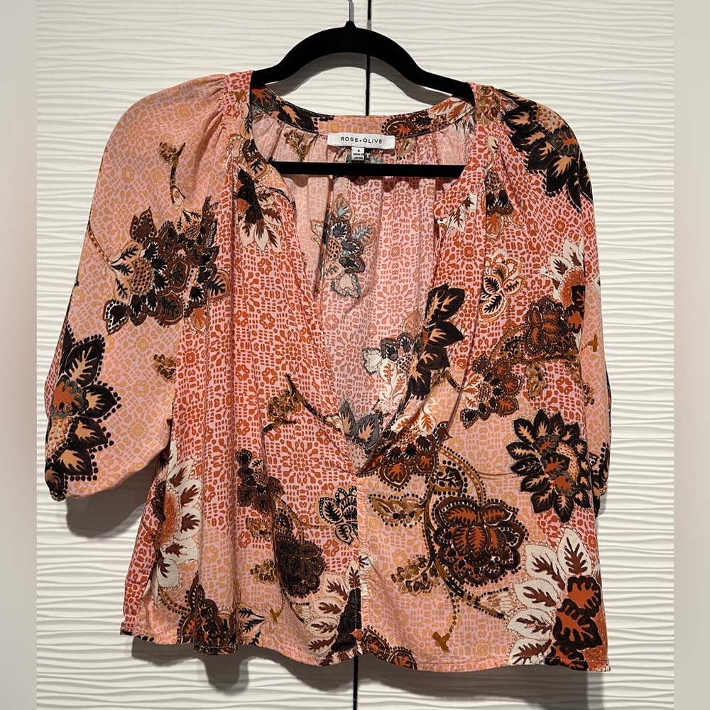 Rose + Olive Pink Floral Open Boho Style  Dolman Sleeve Boho Soft Summer Top